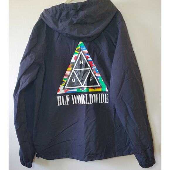 Huf Mens L Worldwide Flags Windbreaker Nylon Anorak Jacket Surf Skate Sail - Picture 1 of 8